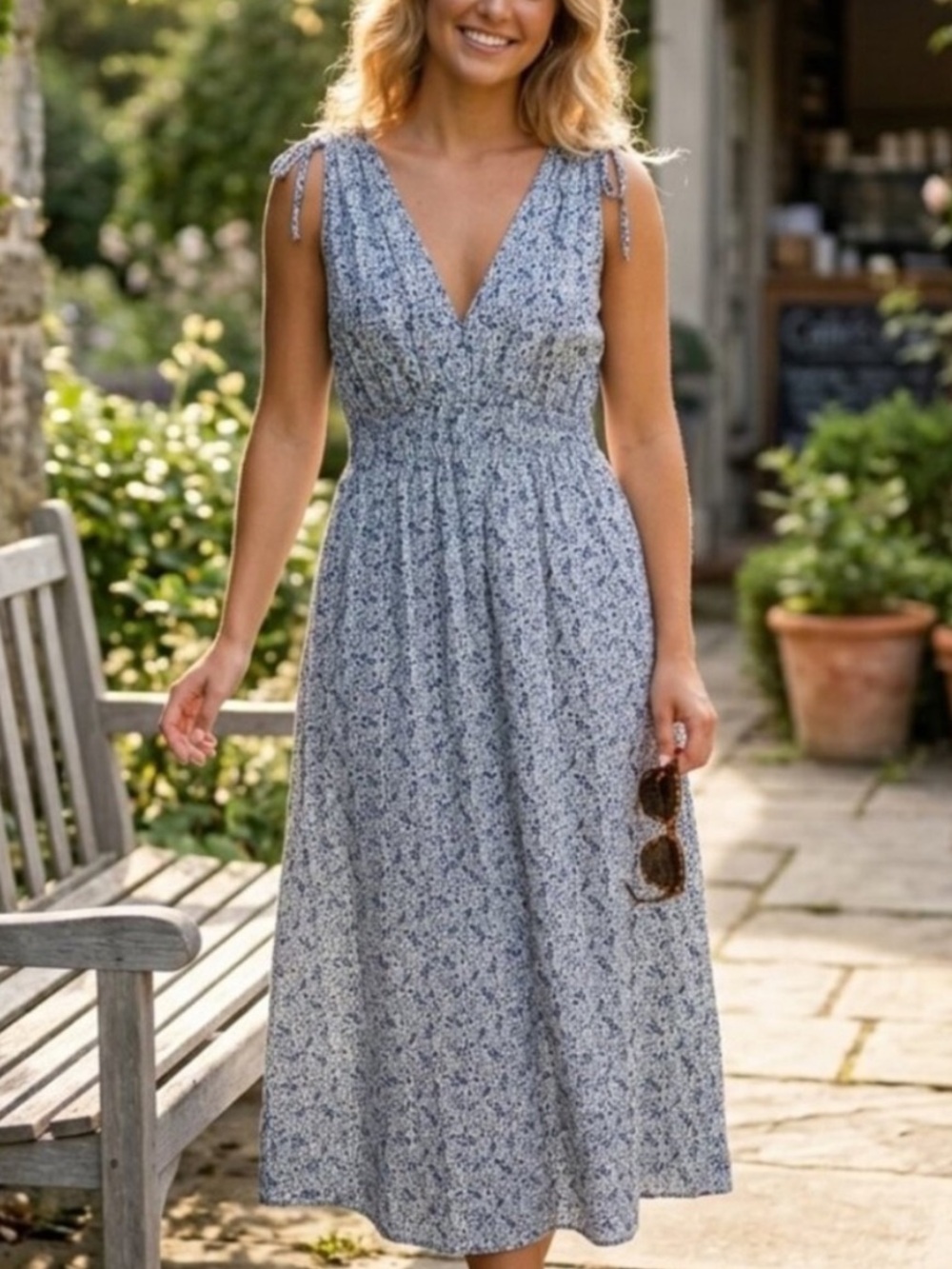 Madewell Blue Floral V-Neck Tie-Shoulder Midi Dress